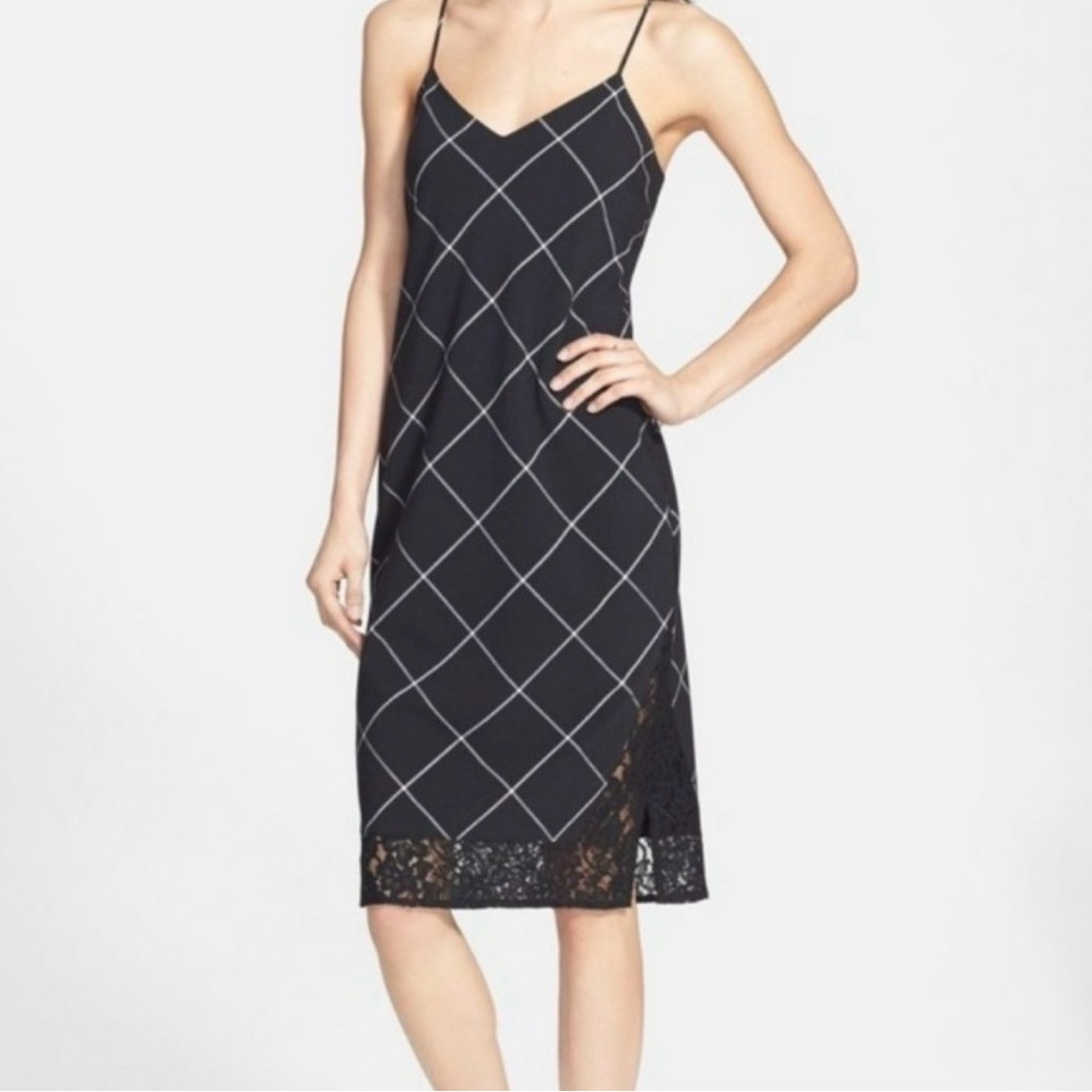 NWT 1.State Nordstrom Rich‎ Black Windowpane Lace Hem Slip Dress Large Dressy